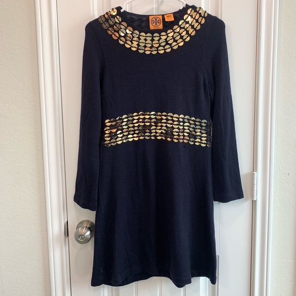 Tory Burch Navy Gold Pailette Fit & Flare Dress Sz Small - Picture 1 of 4